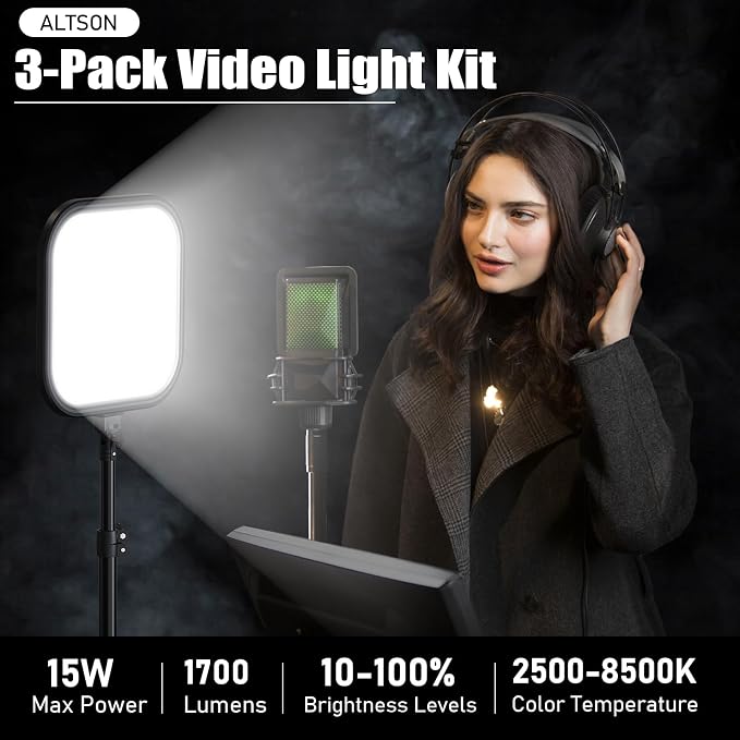 3 Pack LED Video Panel Light, 2500-8500K Dimmable Studio Lights with Tripod Stand & Phone Holder, 78" Photography Lighting Kit for Video Recording, Game Streaming, Photography, Tiktok, YouTube - Image 2