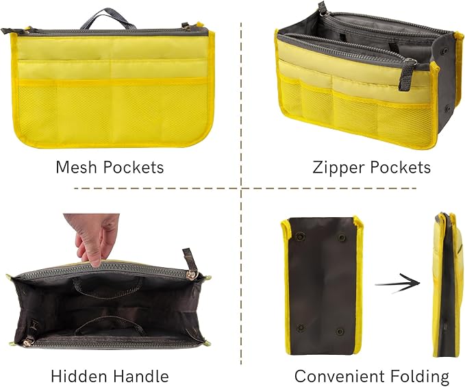 Vercord Purse Organizer Insert for Handbags Bag Organizers Inside Tote Pocketbook Women Nurse Nylon 13 Pockets Yellow Large - Image 5