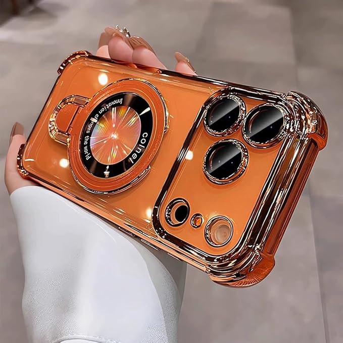 for iPhone 17 Pro Max Clear Case with Magnetic Ring Stand, [Compatible with MagSafe] Shockproof Kickstand Plating Soft Case Camera Lens Protector Girls Woman Cover for 17 Pro Max 6.9", Orange - Image 6