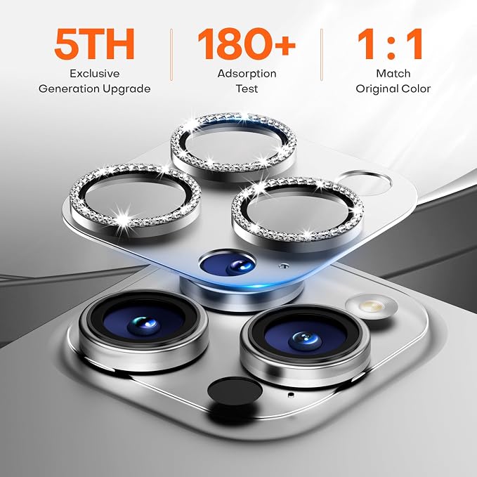 Camera Lens Protector for iPhone 16/15/14 Pro Max & 16/15/14 Pro | Silver Diamond, Aluminum Alloy, 9H+ Glass Camera Cover, Nano Reinforced Adhesive, Anti-Drop, Anti-Scratch, Case Friendly - Image 3