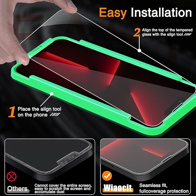 Wiaocit Tempered Glass Screen Protector for iPhone 13 Pro | 3+3 Pack, 9H Hardness, Camera Lens Protector, Installation Frame, Bubble Free, Case Friendly - Image 2