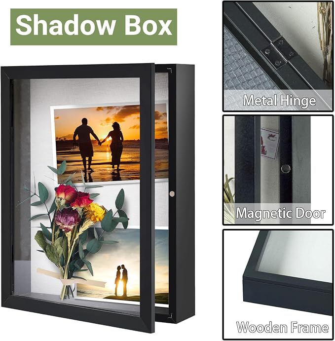 Muzilife 11x14 Shadow Box Wood Picture Frame, 2.16 Deep, Real Glass, Black | FSC-Wood, Magnetic Door, Linen Interior & Pins, Vertical, Horizontal Wall Hanging, Display Case Frame for Photos & Keepsakes - Image 3