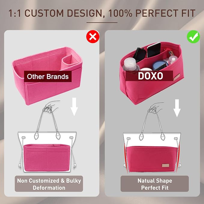 Doxo Purse Organizer Insert for Handbags & Base Shaper 2pc Set, Felt Neverfull MM Organizer Insert, Tote Bag Organizer with Zipper Pocket and Bottle Holder, Fit Speedy 30 Neverfull MM and More,Rose-L - Image 5