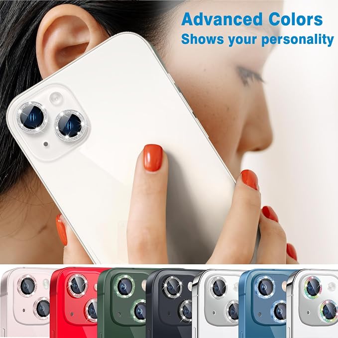 for iPhone 13 Mini & iPhone 13 Camera Lens Protector, Bling Glitter 9H Tempered Glass Camera Cover Anti Scratch Shockproof Screen Protector Individual Ring - 2Pcs Glitter Blue - Image 6