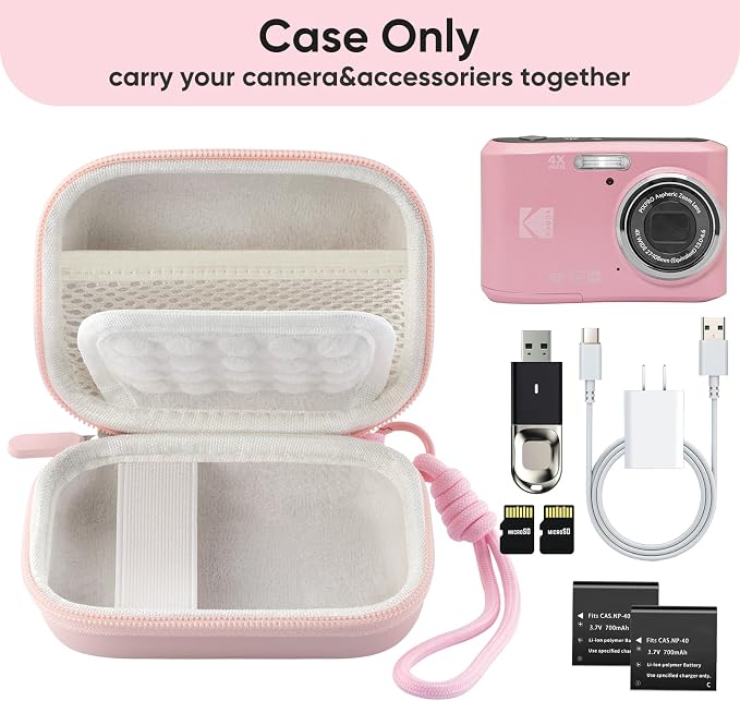 Camera Case for Digital Camera CAMKORY DC403 FHD 1080P/ KODAK PIXPRO FZ55/ FZ45, Small Travel Compact Camera Holder with Mesh Pocket for Accessories SD Card (Pink) - Image 3