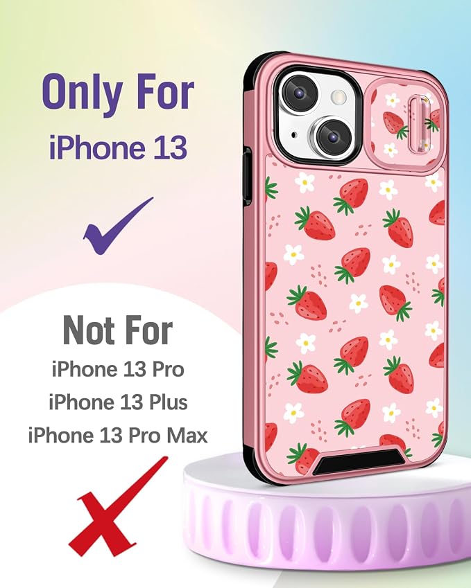 Buleens for iPhone 13 Case 6.1 Inch - with Ring Stand & Camera Cover Aesthetic Cute Designed for Women Girls Girly Pretty Strawberry for Phone Case for iPhone 13 Compatible with Magsafe - Image 2