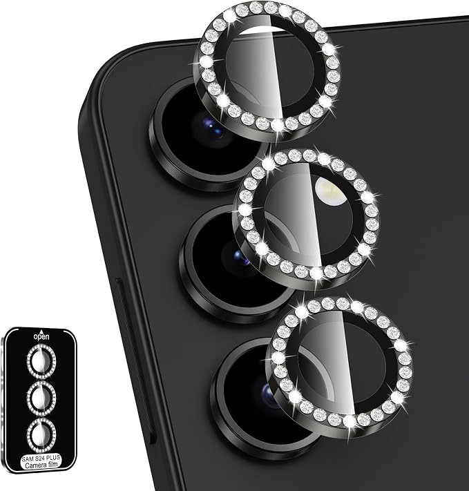 for Samsung Galaxy S24 Plus Camera Lens Protector, Individual Metal Ring Tempered Glass Lens Cover, [Strong Adsorption] Scratch Resistant Ultra-Thin HD Clear Lens Cover, 1 Set-Black Diamond by Btscase