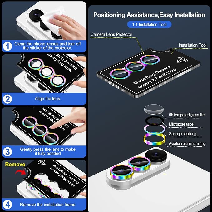 for Samsung Galaxy Z Fold 8 Ultra Camera Lens Protector, Individual Metal Ring Tempered Glass Lens Cover, [Strong Adsorption] Scratch Resistant Ultra-Thin HD Clear Lens Cover, 1 Set-Colorful - Image 7