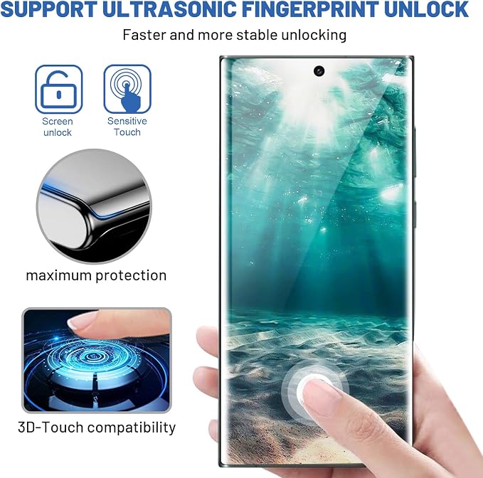 [2+2 Pack] Galaxy S22 Ultra Screen Protector, 9H Tempered Glass, Ultrasonic Fingerprint Support, 3D Curved, HD Clear Scratch Resistant for Samsung Galaxy S22 Ultra 5G Glass Screen Protector - Image 3