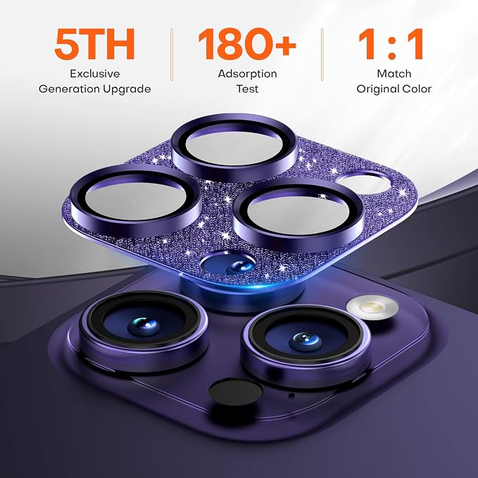 Camera Lens Protector for iPhone 16/15/14 Pro Max & 16/15/14 Pro | Glitter Purple, Aluminum Alloy, 9H+ Glass Camera Cover, Nano Reinforced Adhesive, Anti-Drop, Anti-Scratch, Case Friendly - Image 3
