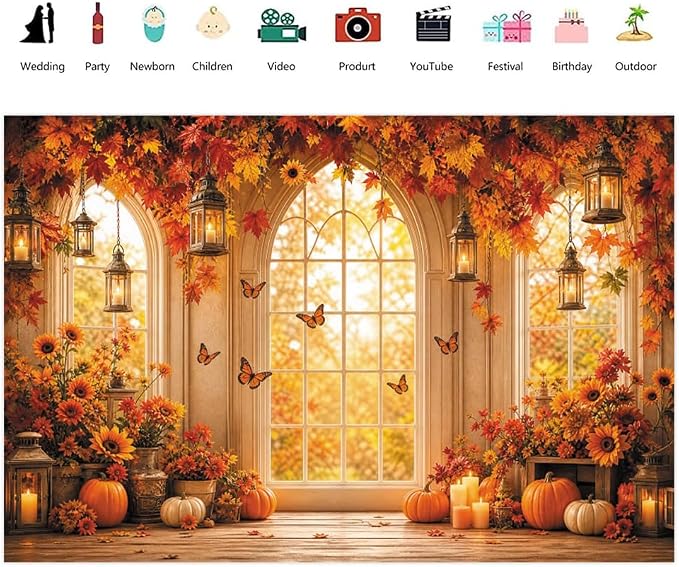 Fall Butterfly Floral Backdrop for Photography 8x6ft Autumn Window Pumpkin Maple Flowers Backdrop Thanksgiving Theme Background Birthday Party Decorations Photo Booth Props Vinyl - Image 2