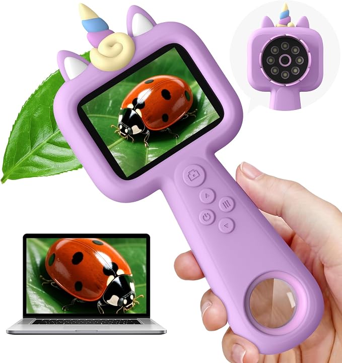 Kids Microscope, 2.4" Screen Handheld Digital Microscope 600X with 4K Camera & 8 LED Lights, Portable Pocket Microscope for Bugs Plants Nature Exploration, STEM Science Toy Gift Ages 3-12（Purple） - Image 8