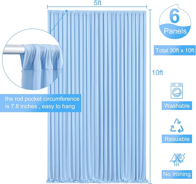 6 Panels Baby Blue Backdrop Curtain for Baby Shower Parties Wrinkle Free Light Blue Curtains Backdrop Drapes Fabric Decoration for Birthday Party Photography 30ft(W) x 10ft(H) - Image 5
