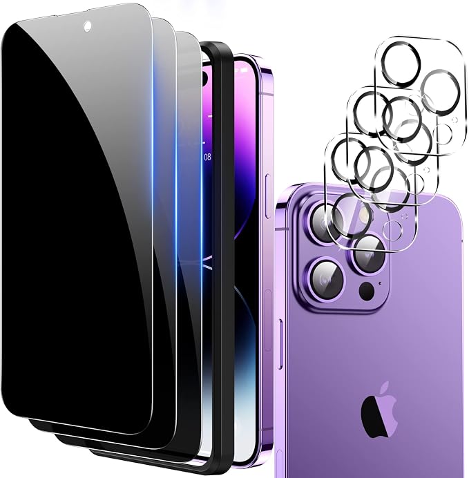 Fotbor Privacy Screen Protector for iPhone 14 Pro with Camera Lens Protector [3+3 Pack], with Easy Installation Kit, Anti Spy Private Full Coverage Tempered Glass Film 6.1 Inch, Bubble Free by Fotbor