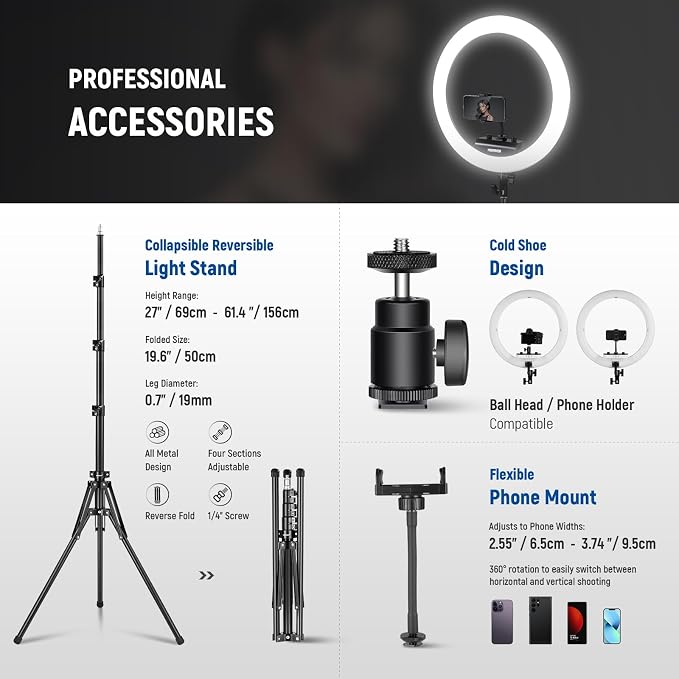 NEEWER Professional 18 Inch Ring Light with Tripod Stand Phone Holder Compatible with iPhone, 45W Remote Shutter App Control, Video Recording Makeup Selfie Studio Streaming Filming, RP18B Pro Black | Compatible with iPhone, 45W, Remote Shutter, App Con... - Image 6