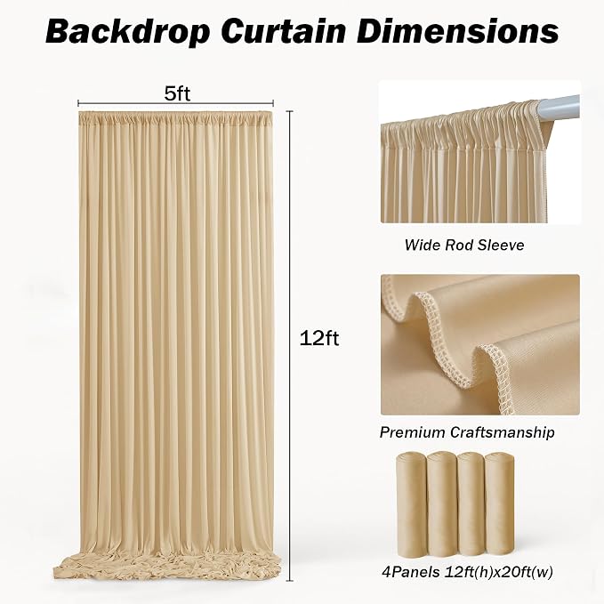 20x12 ft Champagne Backdrop Curtains for Weddings, Birthdays and Photos | 4 Panels 5x12 ft, Wrinkle-Free Polyester Drapes, Washable, Ironable, 4 in Rod Pocket for Baby Showers Photography Background - Image 4