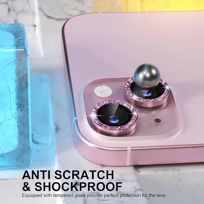 Choiche for iPhone 15/15 Plus Camera Lens Protector Bling, Glitter-Pink | Ultra HD, 9H Tempered Glass Camera Cover Screen Protector Metal Individual Ring Decoration Accessories, 2-Lens, 6.1/6.7-inch - Image 3