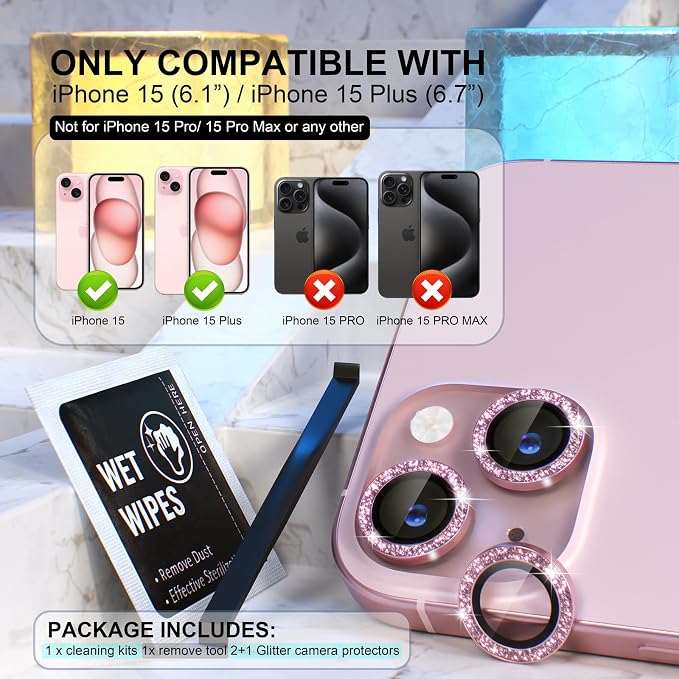 Choiche for iPhone 15/15 Plus Camera Lens Protector Bling, Glitter-Pink | Ultra HD, 9H Tempered Glass Camera Cover Screen Protector Metal Individual Ring Decoration Accessories, 2-Lens, 6.1/6.7-inch - Image 2