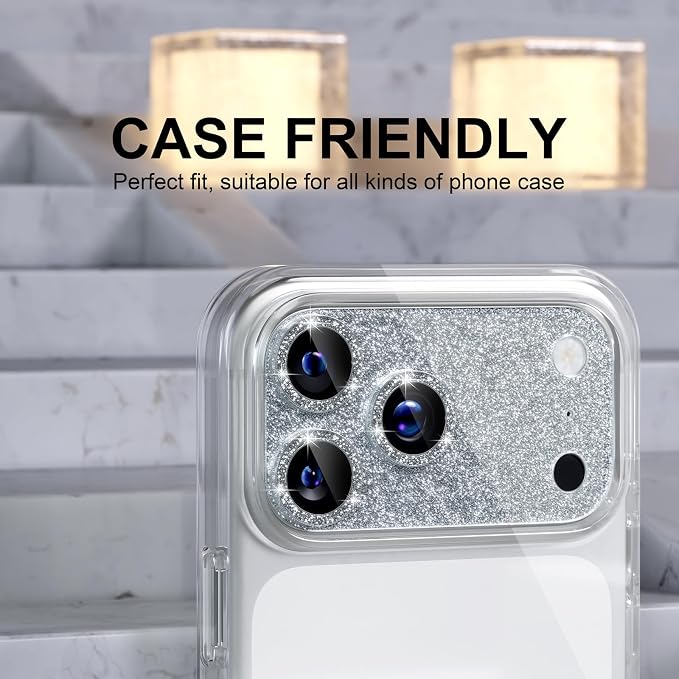 Choiche for iPhone 17 Pro Camera Lens Protector, Glitter-Silver | Bling Metal Camera Cover with 9H Tempered Glass Lens Screen Protector Accessories, Strong Adsorption, Case-Friendly, 6.3-inch - Image 4