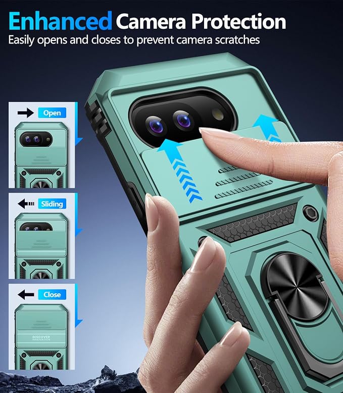 Taisairu for Google Pixel 10A Case with Screen Protector & Slide Camera Lens Cover,Built-in 360°Rotate Magnetic Ring Stand Shockproof Protective Phone Case for Google Pixel 10A Case (Green) - Image 6
