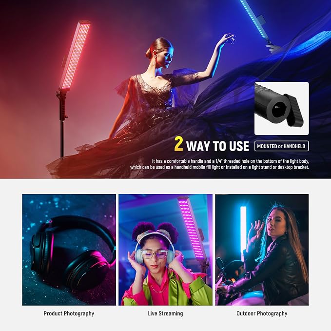 NEEWER Photography RGB Light Stick Kit, 2 Pack LED Video Tube Lights w/Stands, Diffusers, 3250Lux Dimmable Light Wand 2500-10000K CRI95+/TLCI97+ APP/2.4G/Panel Control for Live/Videos/Vlog, BH20C - Image 8