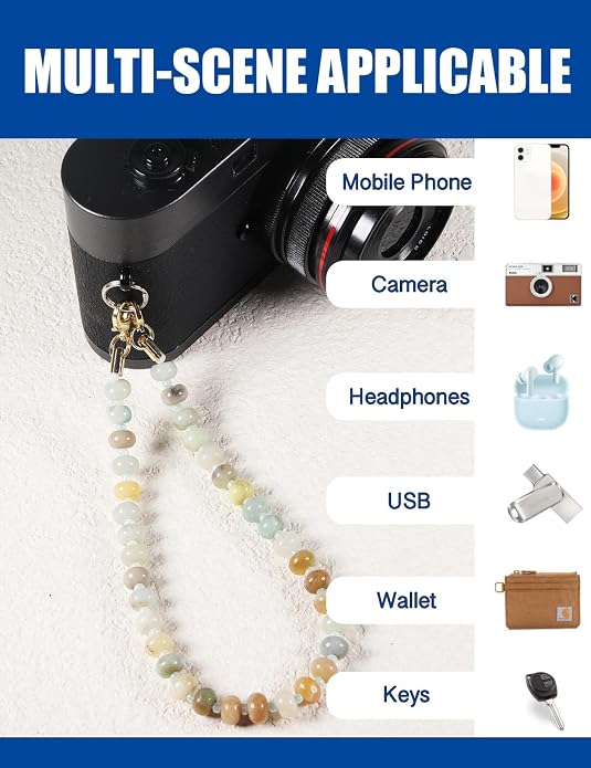 CH.yishi Crystal Beaded Phone Charm Wrist Strap Camera Lanyard | Handmade Cell Phone Chain,with Tether Tab,Keychain Bag Wallet Natural Stone Charm,Headphone Gemstone Decor,Camera Wrist Strap - Image 3