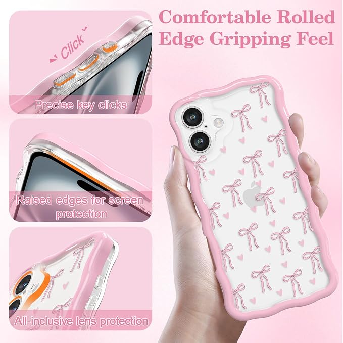 QLTYPRI for iPhone 16 Pink Bow Case, Clear Cute Pink Ribbon Bow Phone Case Curly Wavy Aesthetic Phone Cover, Soft Slim Transparent TPU Shockproof Protective Cover for Women Girls - Love Bow - Image 3