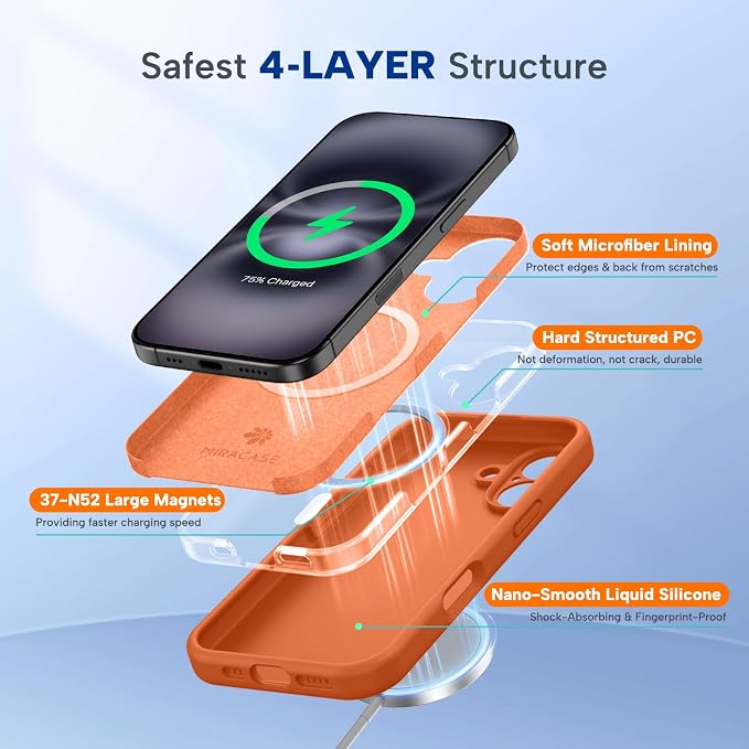 miracase Magnetic for iPhone 16 Plus Case, [Soft Anti-Scratch Microfiber Lining], Compatible with MagSafe, Liquid Silicone Shockproof Drop Protection Phone Case for 16 Plus,Orange - Image 5
