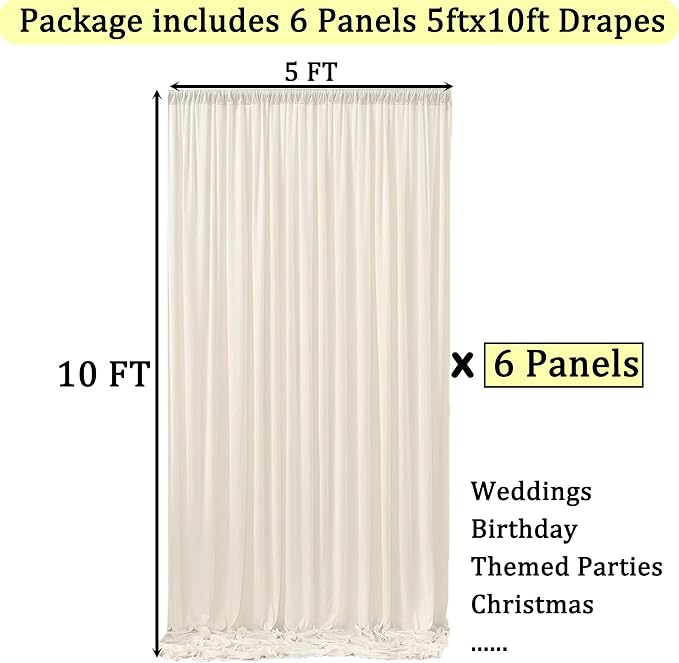 30ft x 10ft Wrinkle Free Ivory Backdrop Curtains for Parties, 6 Panels 5x10ft Polyester Photo Backdrop Drapes for Wedding Birthday Photography Background Baby Shower - Image 2