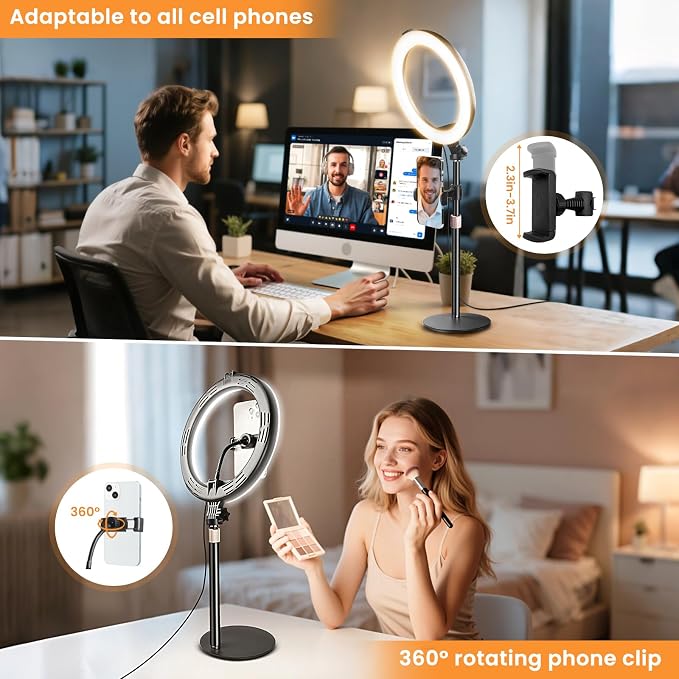 MACTREM 10“ Desk Ring Light with Stand, Desktop LED Circle Halo Light with Phone Holder for Computer Zoom Meeting, Laptop Light for Conference Video Calls, Live Streaming, Podcast, Selfie, Makeup - Image 4