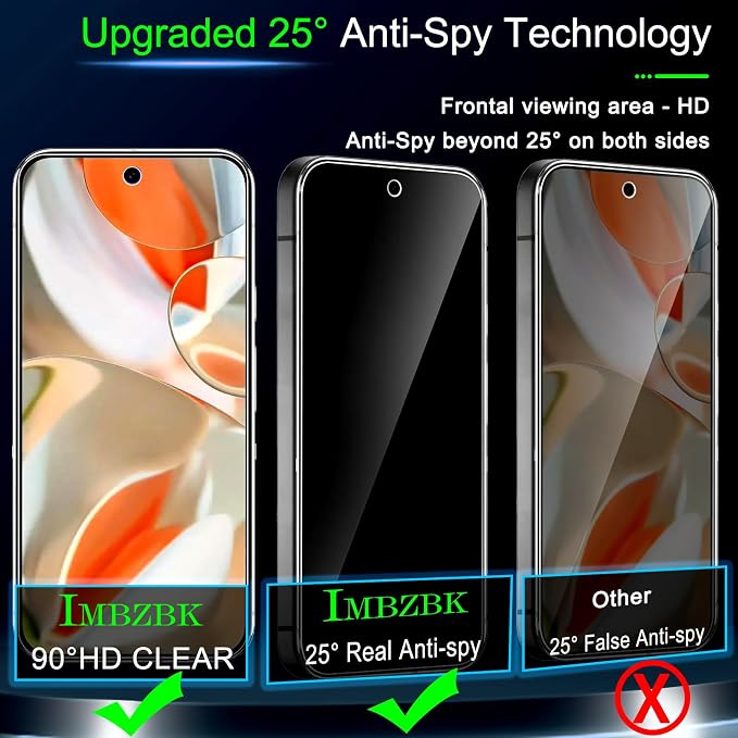 IMBZBK Privacy Screen Protector for Google Pixel 9 Pro XL, 3+3 Pack | 25° Anti Spy, 9H+ Tempered Glass, Military Grade Shatterproof, Auto-Dust Removal, Case Friendly, with Camera Lens Protector - Image 2