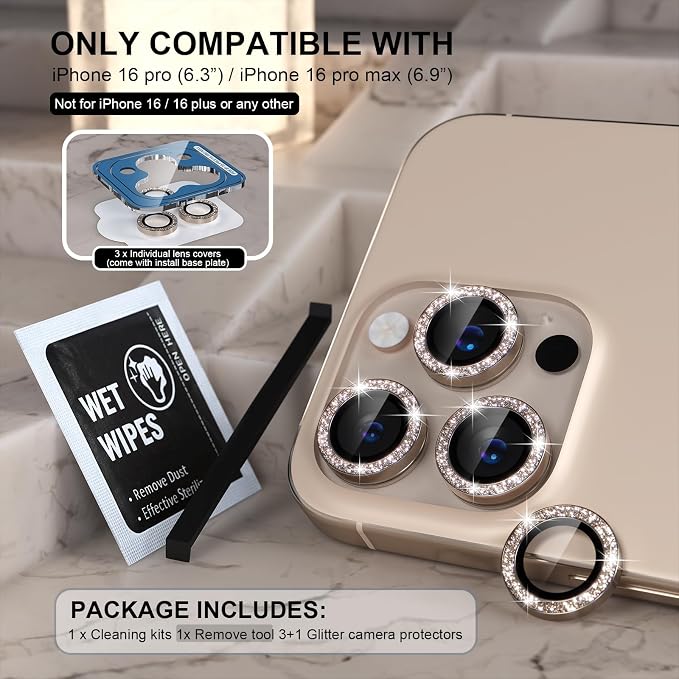 Choiche for iPhone 16 Pro/iPhone 16 Pro Max Camera Lens Protector | Ultra HD, Bling 9H Tempered Glass Camera Cover Screen Protector Metal Ring Decoration Accessories (Glitter-Titanium Desert) - Image 2