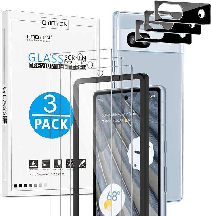 OMOTON Screen Protector for Google Pixel 7A 5G 6.1 Inch, 3 Pack | Tempered Glass & Camera Lens Protector, Alignment Frame/Anti Scratch by OMOTON