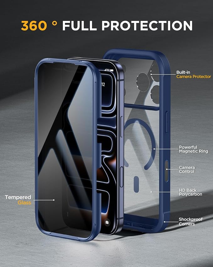 miracase for iPhone 17 Pro Privacy Series Case, Magsafe, Deep Blue | Built-in Privacy Screen Protector | 360° Full Protection | Colored Bezel & Clear Back | Shock-Absorbent | 6,3 Inch - Image 3
