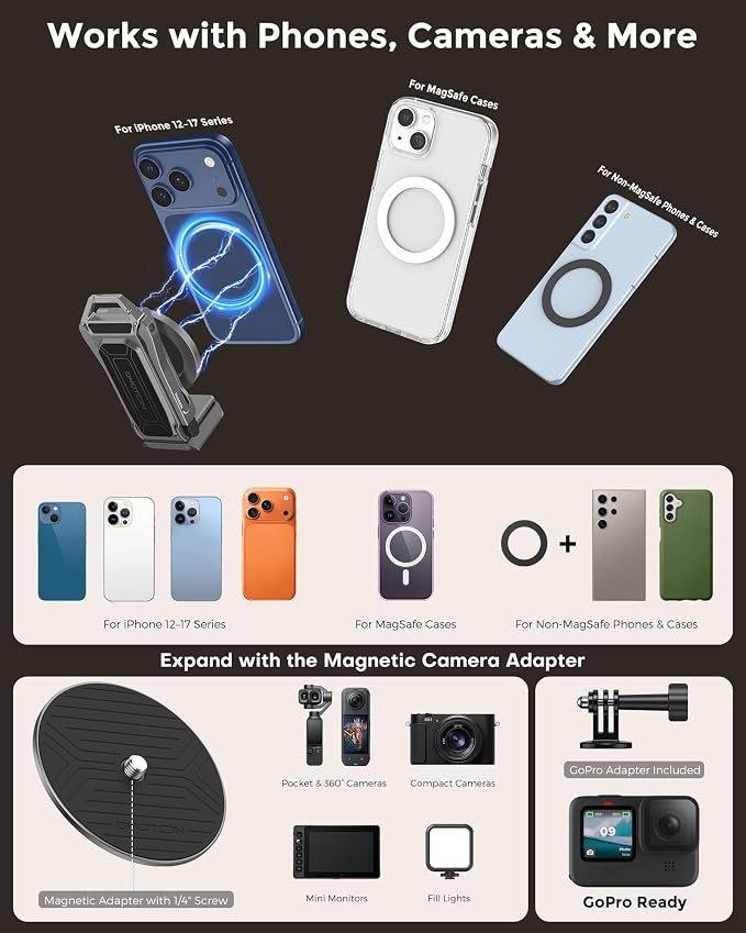 OMOTON TP02-Ultra Multi-Device Camera & Phone Mount with 1/4" Adapter, Grey | Built-In 1/4" & Arca Base, Clamp, Magnetic & Tripod Setups for iPhone, Pocket/Action Cameras, Overhead & Low-Angle Filming - Image 6