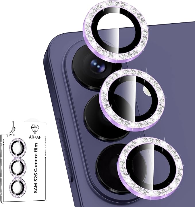 for Samsung Galaxy S26 Camera Lens Protector, Individual Metal Ring Tempered Glass Lens Cover, [Strong Adsorption] Scratch Resistant Ultra-Thin HD Clear Lens Cover, 1 Set-Purple Diamond by Btscase