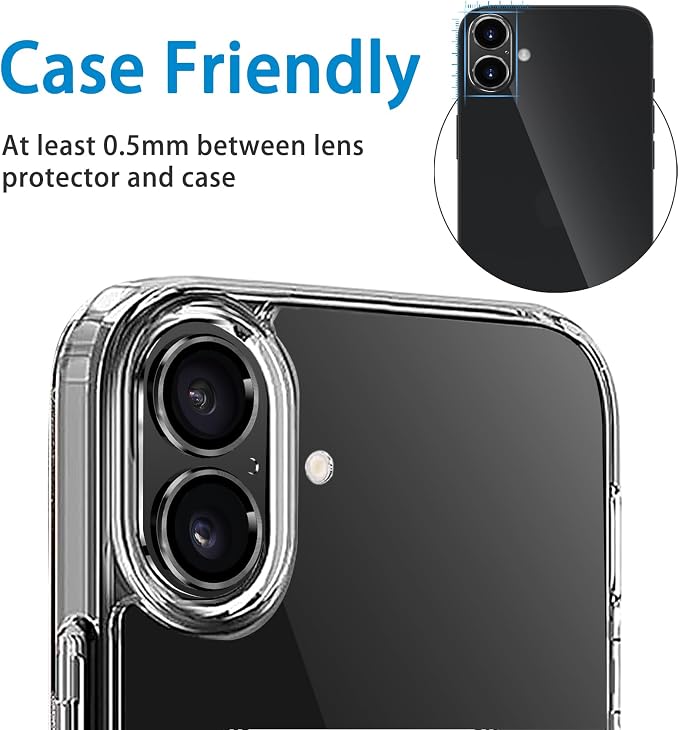 Compatible with iPhone 16 and 16 Plus Camera Lens Protector, Anti-Scratch Tempered Glass Metal Camera Screen Protector Shockproof Full Protective Lens Cover, Black - Image 6