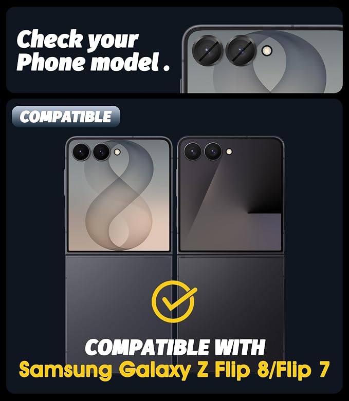 Orzero (2 Sets Camera Lens Protector for Samsung Galaxy Z Flip 8/Flip 7, [EZ Install] [Case-Friendly] 9H Tempered Glass CD Pattern Lens Cover, Military-Grade Shockproof, HD Clarity Anti-Glare - Black - Image 2