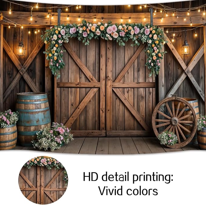 6x4ft Country Wedding Photography Backdrop Rustic Barn Door Photography Backdrop Farmhouse Pink Flower Cabin Wooden Birthday Baby Shower Wedding Bridal Party Banner Photo Booth Props Background - Image 6