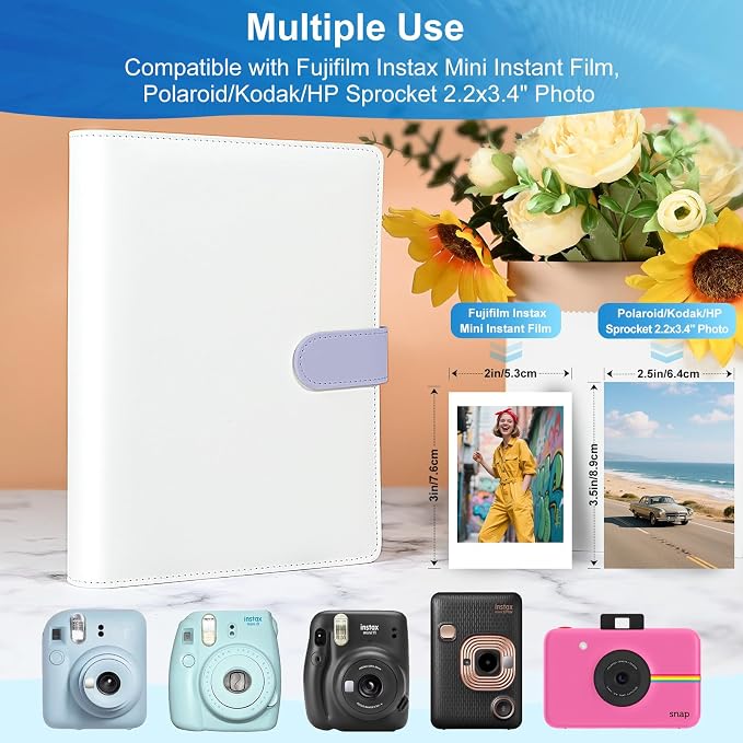 2x3 Photo Album,Refillable PU Leather A5 Photocard Binder with Adjustable Page,200 Pockets for Fujifilm Instax Mini 12 11 9 40 99 90 8 7 Evo LiPlay,Polaroid Snap PIC-300 Z2300 Instant Cameras (Purple) - Image 4