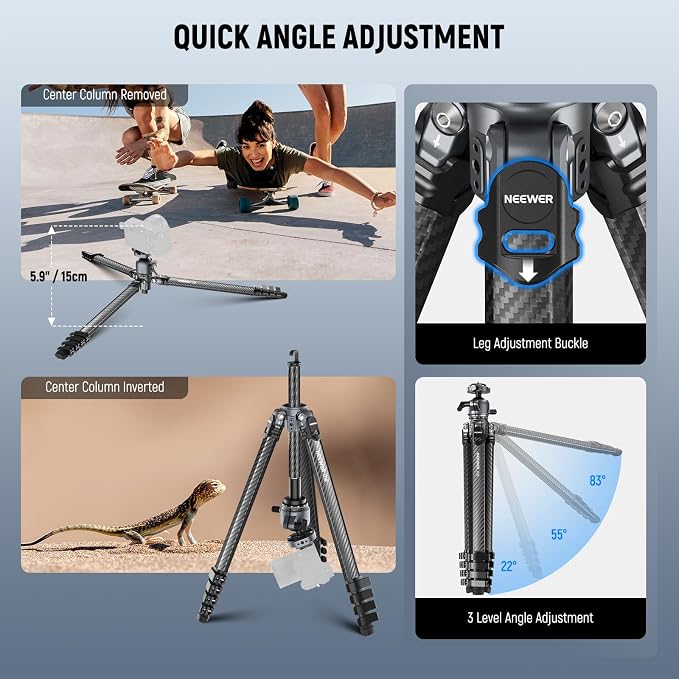 NEEWER LITETRIP LT38 61" Travel Camera Tripod, Carbon Fiber Portable Stand, 360° Pan Tilt Ball Head, Center Axis, Arca Type QR Plate Compatible with Clip V3, Max Load 22 lb, Cleaning Cloth - Image 4