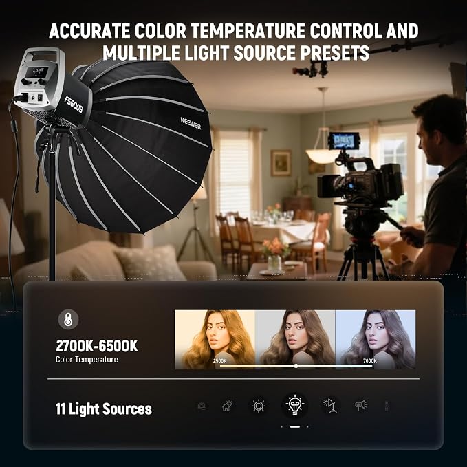 NEEWER 600W LED Studio Video Light 2.4G/APP Control 87100Lux/1m, 2700K-6500K Bi Color COB Continuous Lighting with CRI95+, 12 Scenes, Bowens Mount Spotlight for Photography Recording Streaming, FS600B - Image 3