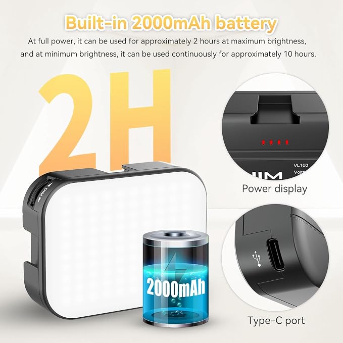 VIJIM VL100C Bi-Color LED Video Light on Camera Adjustable Angle Dimmable | 2500-6500K CRI95+, Rechargeable Type-c, Build-in 2000mAh , with 4 Cold Shoes, Mini Hot Shoe Swivel Mount for Tripod Mic Vlog - Image 3