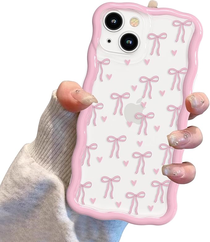 QLTYPRI for iPhone 14 Pink Bow Case, Clear Cute Pink Ribbon Bow Phone Case Curly Wavy Aesthetic Phone Cover, Soft Slim Transparent TPU Shockproof Protective Cover for Women Girls - Love Bow - Image 7