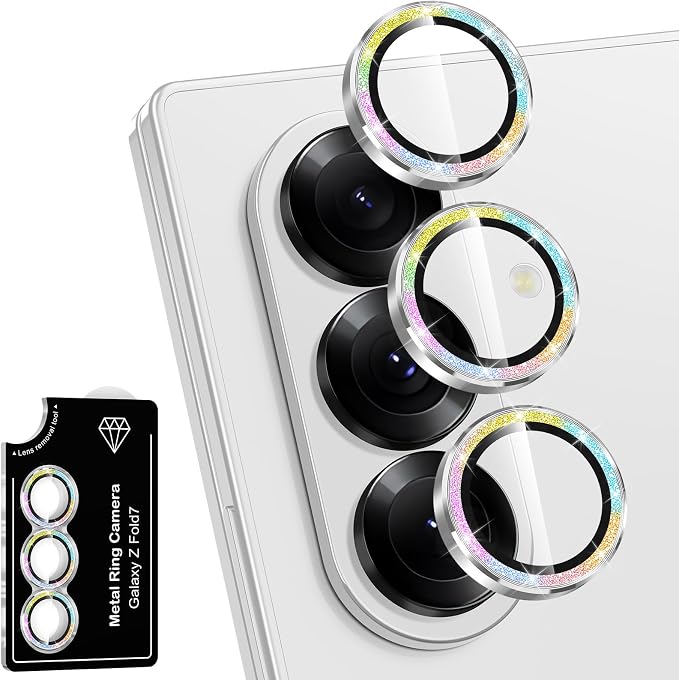 for Samsung Galaxy Z Fold 7 Camera Lens Protector, Individual Metal Ring Tempered Glass Lens Cover, [Strong Adsorption] Scratch Resistant Ultra-Thin HD Clear Lens Cover, 1 Set-Colorful Sparkly by Btscase