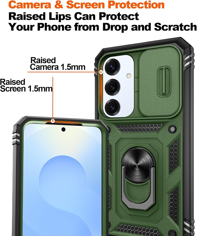 Gritup Fit for Samsung Galaxy S25 Case with Screen Protector*2, Build in 360° Rotating Ring Kickstand, Military Grade Protective Cover for S25 Phone, Green+Black - Image 5