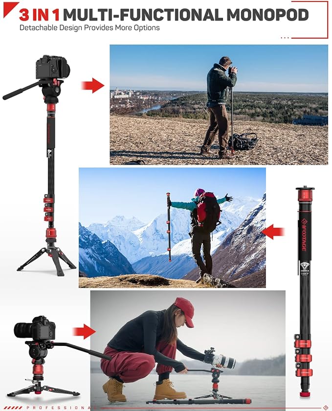 IFOOTAGE Cobra 3 C180F-P Monopod with Pedal and Feet 71" | Portable Travel Camera Monopod Stand Compatible with Sony Canon Nikon DSLR Cameras, Stable Support with Max Load 17.64 lbs - Image 4