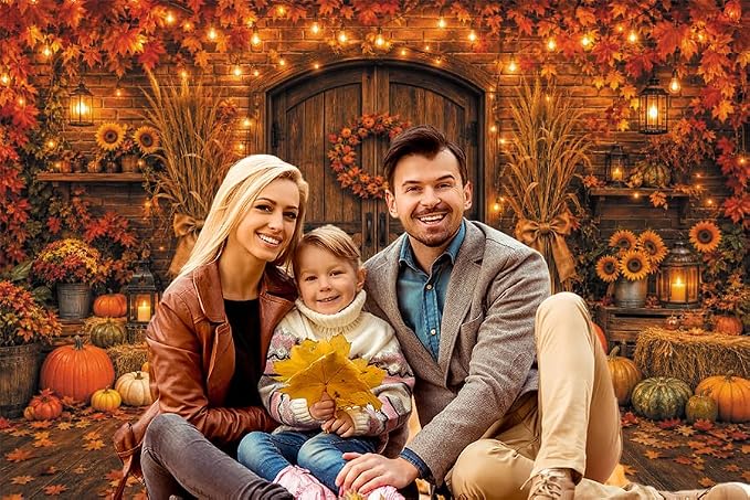 Rustic Barn Wooden Door Fall Backdrop 12x10ft Brick Wall Maple Leaf String Light Thanksgiving Background Pumpkin Sunflower Haystack Harvest Autumn Famliy Party Decorations Vinyl - Image 6