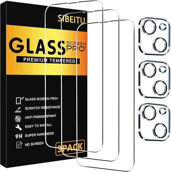 SIBEITU 3+3 Pack Screen Protector + Camera Lens Protector for iPhone 14 | 6.1 Inch HD 9H Hardness Tempered Glass Film, Scratch Resistant, Sensor Protection, Case Friendly, High Response, Bubble Free by SIBEITU