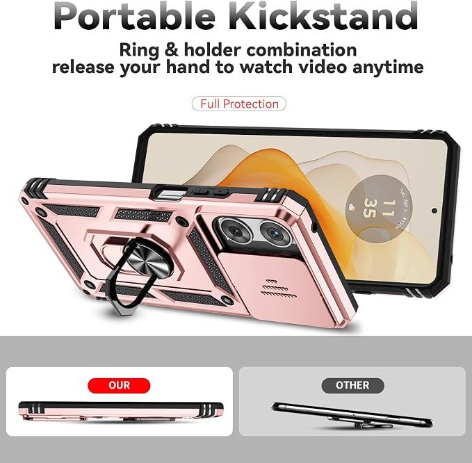 for Motorola Moto G 2025 / Moto G 2026 / Moto G Play 2026 Case, with Slide Camera Cover HD Screen Protector [Military Grade 16ft. Drop Tested] Ring Holder Kickstand Protective Phone Case, Rose Gold - Image 7